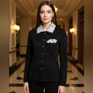 St. John Evening Santana Knit Black Cardigan Jacket Removable Embroidered Collar